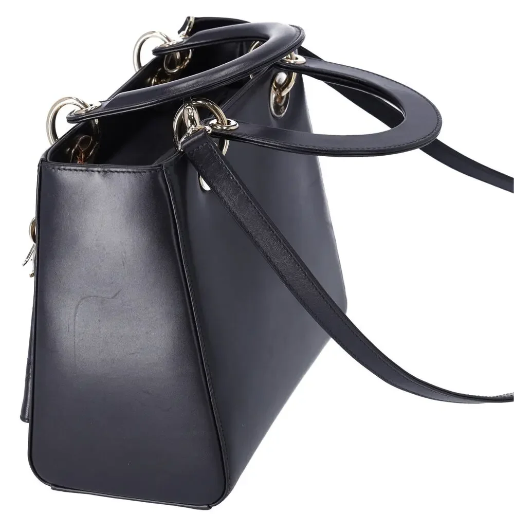 Christian Dior Lady Dior Medium Bag Handbag Black Blue Calf Skin